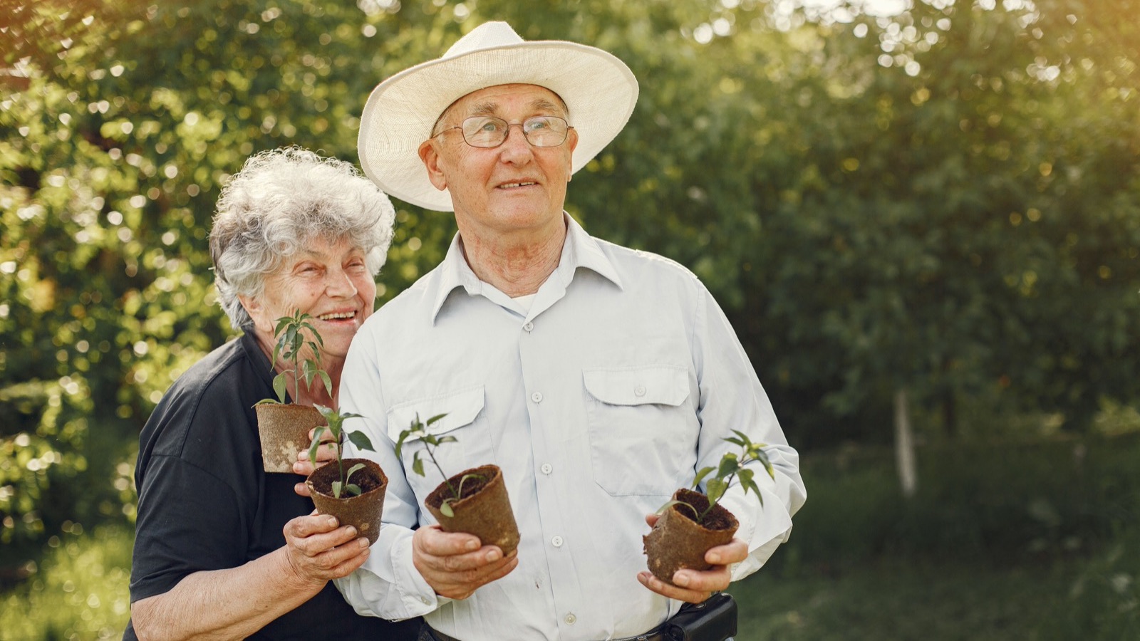 Couple de seniors jardinant chez eux, viager occupé : rester dans sa maison à vie